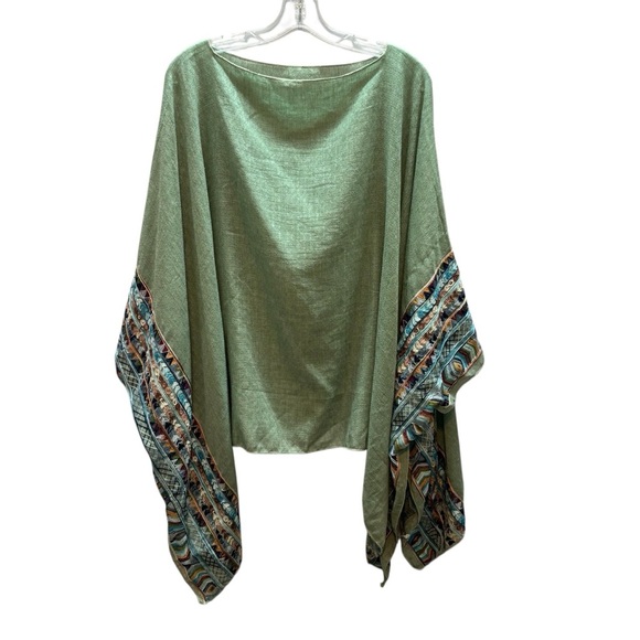 None Tops - Bohemian Geometric Sage Green Gauzy Embroidered Tunic Kimono Topper Shirt OSFM